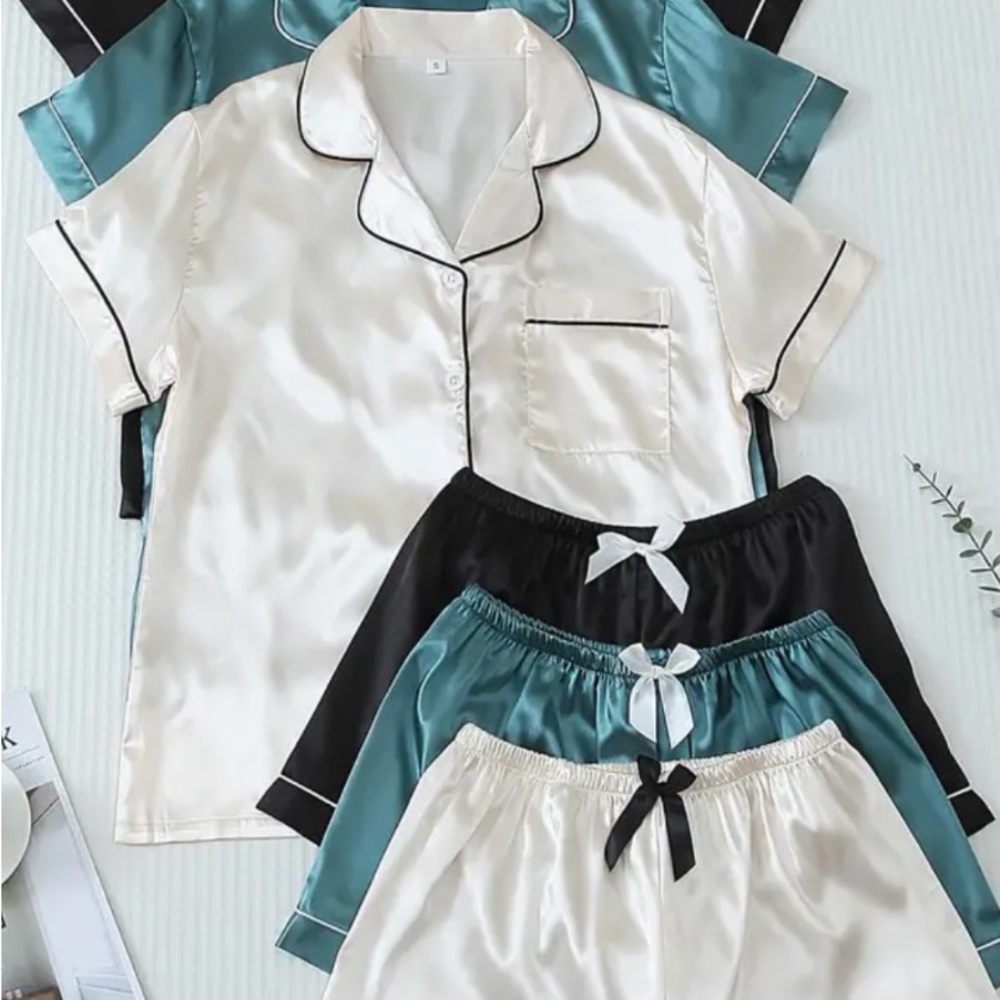 Elegant Satin Pajama Set in Cream and Teal